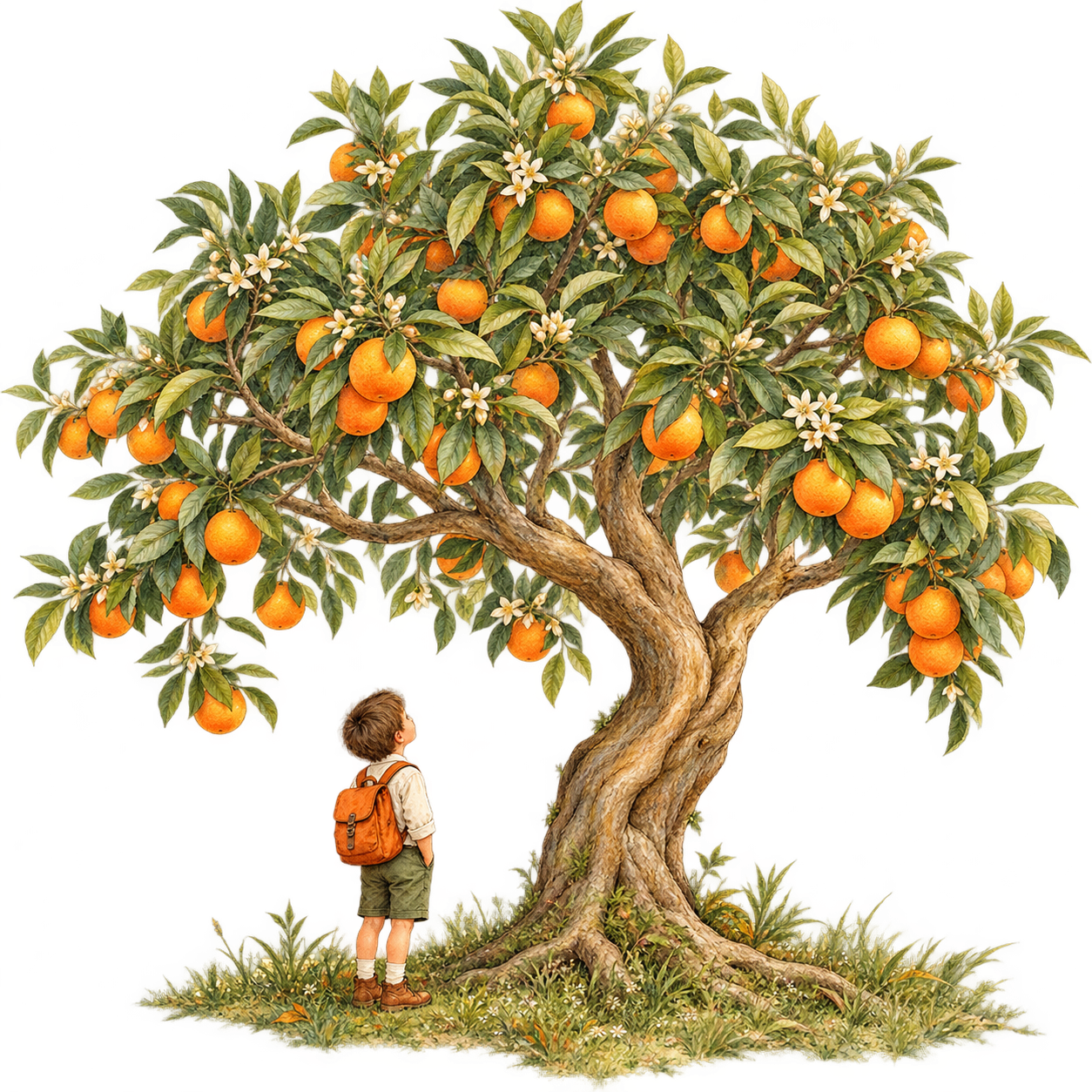 A young child with an orange schoolbag looking hopefully at a fruit-bearing tree